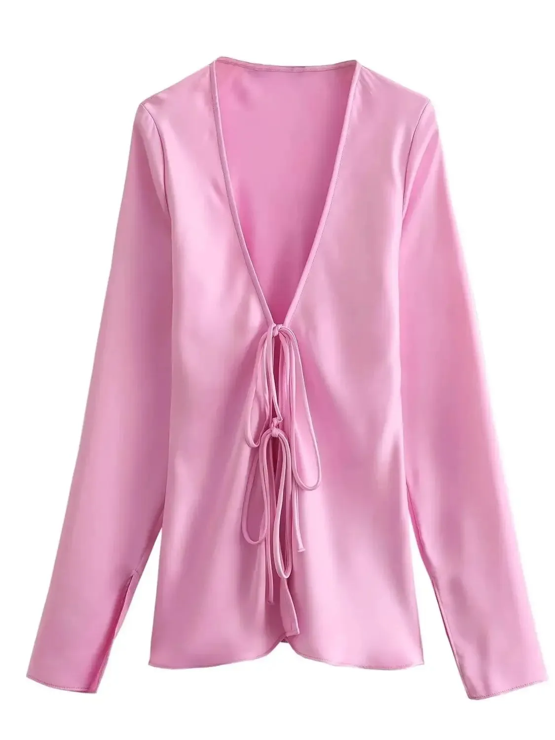 A&A Satin Bow Tie Long Sleeve Blouse