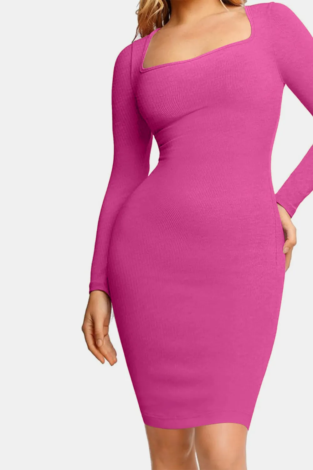 Basic Bae Full Size Built-In Shapewear Square Neck Long Sleeve Dress