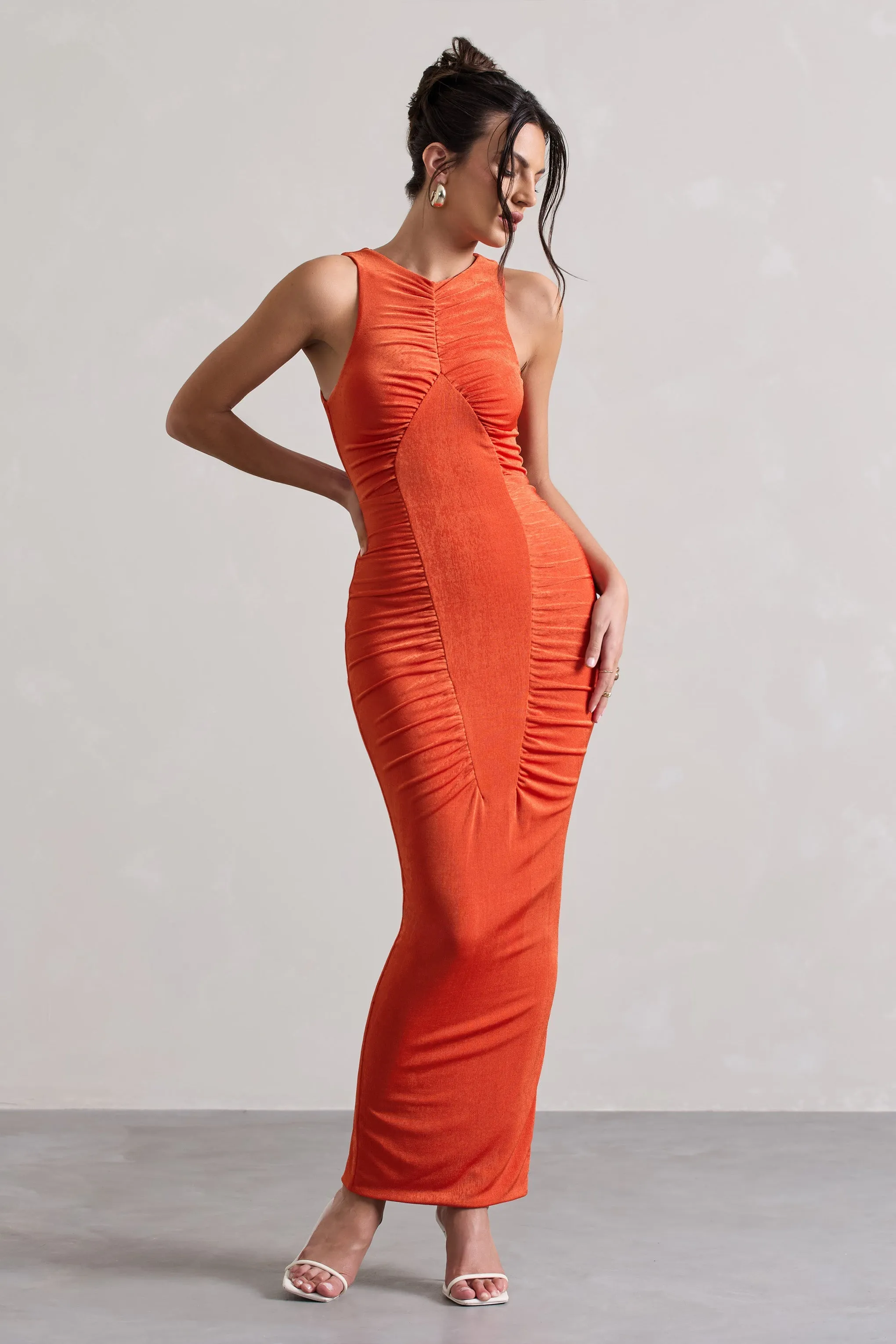 Bombshell | Orange High Neck Diamond Ruched Maxi Dress