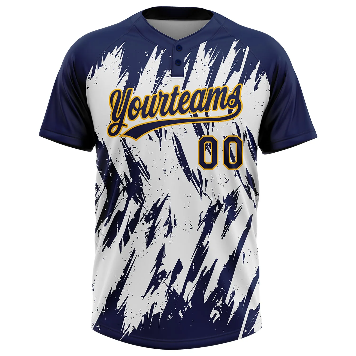 Custom Navy Gold-White 3D Pattern Abstract Sharp Shape Two-Button Unisex Softball Jersey