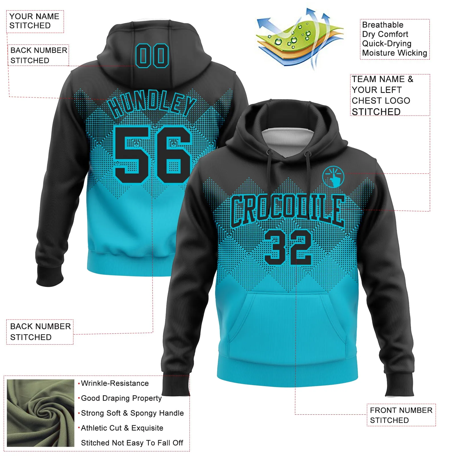 Custom Stitched Black Lakes Blue 3D Pattern Design Gradient Square Shape Sports Pullover Sweatshirt Hoodie