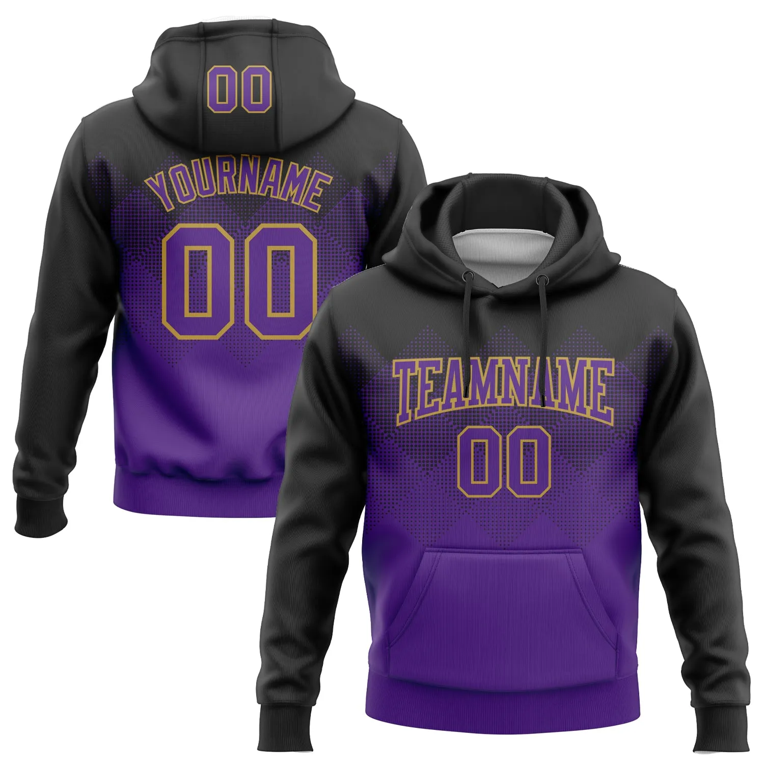 Custom Stitched Black Purple-Old Gold 3D Pattern Design Gradient Square Shape Sports Pullover Sweatshirt Hoodie