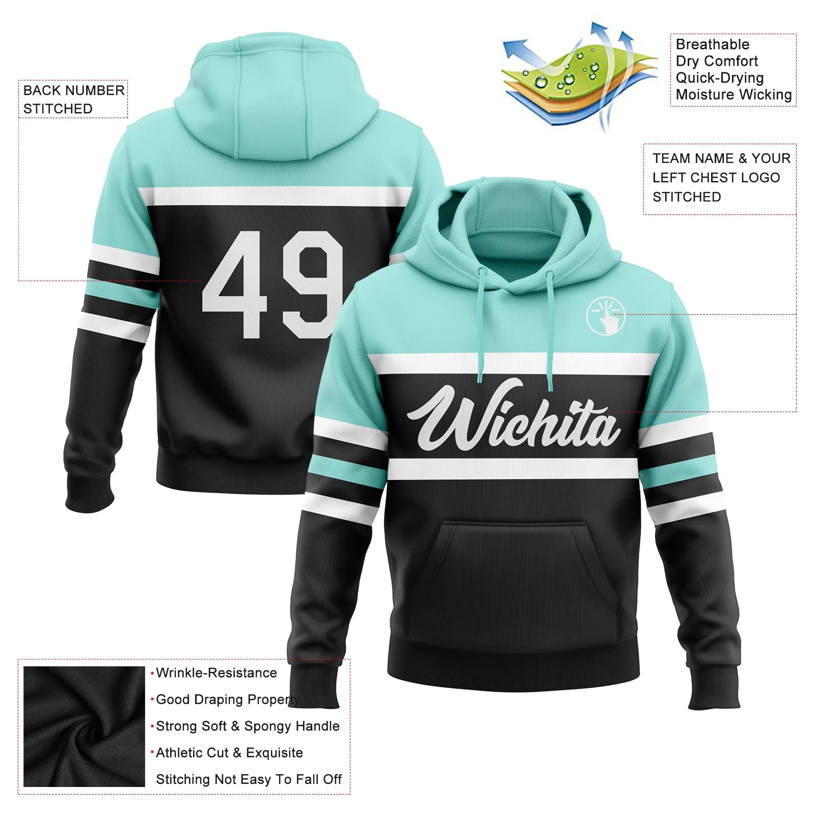 Custom Stitched Black White-Ice Blue Line Sports Pullover Sweatshirt Hoodie