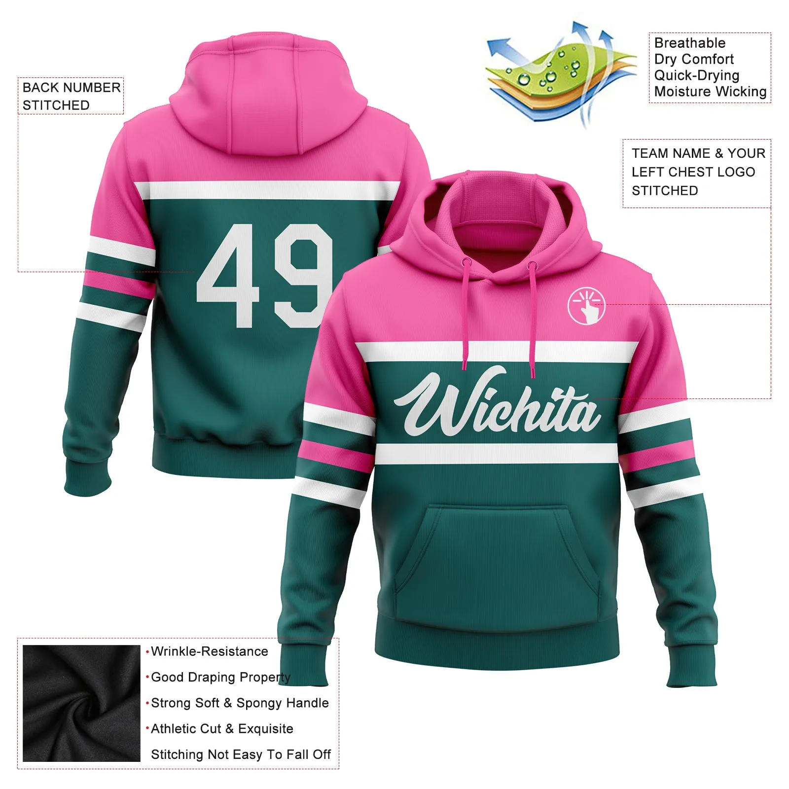 Custom Stitched Teal White-Pink Line Sports Pullover Sweatshirt Hoodie