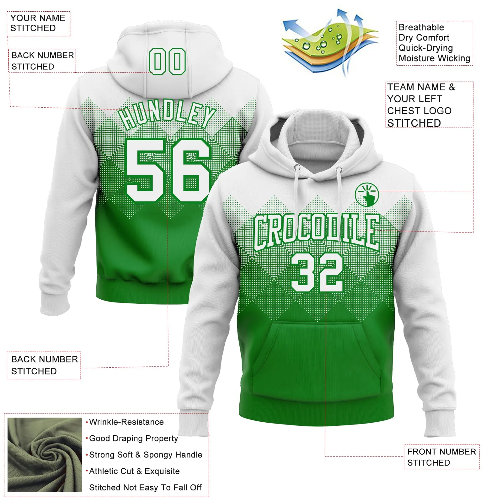 Custom Stitched White Grass Green 3D Pattern Design Gradient Square Shape Sports Pullover Sweatshirt Hoodie