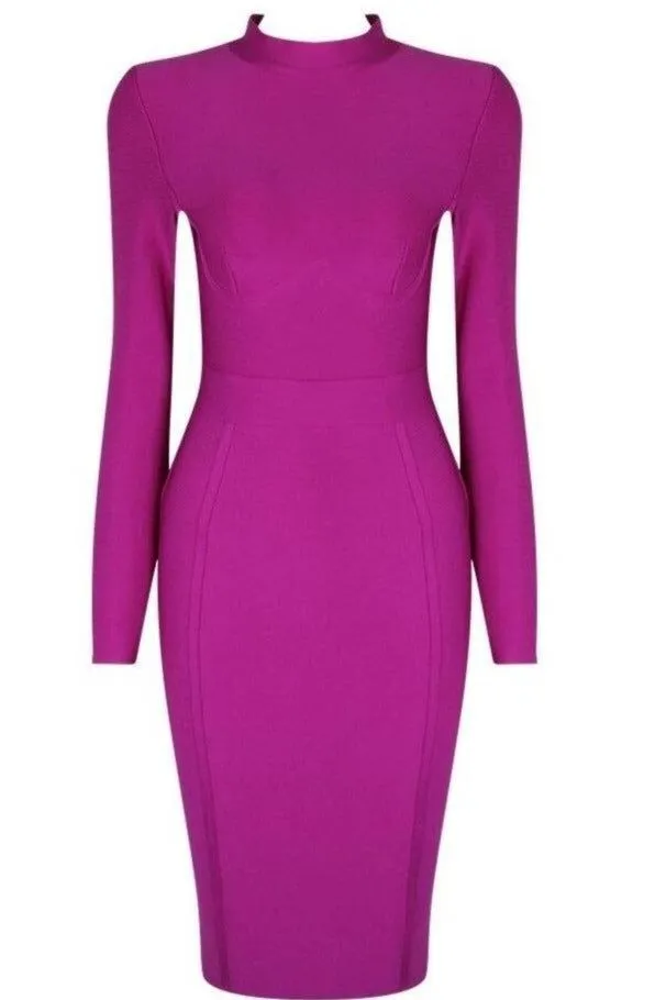 Dee Long Sleeve Bandage Dress - Neon Purple