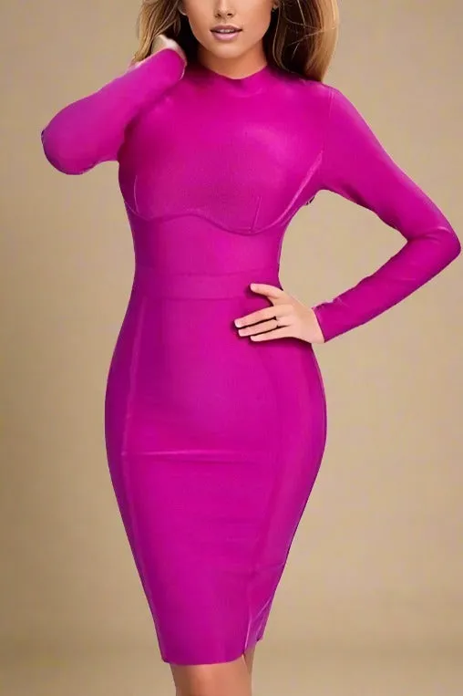 Dee Long Sleeve Bandage Dress - Neon Purple