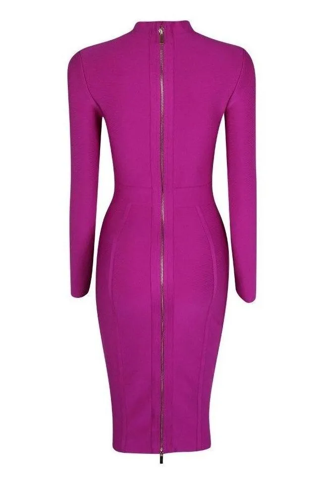 Dee Long Sleeve Bandage Dress - Neon Purple