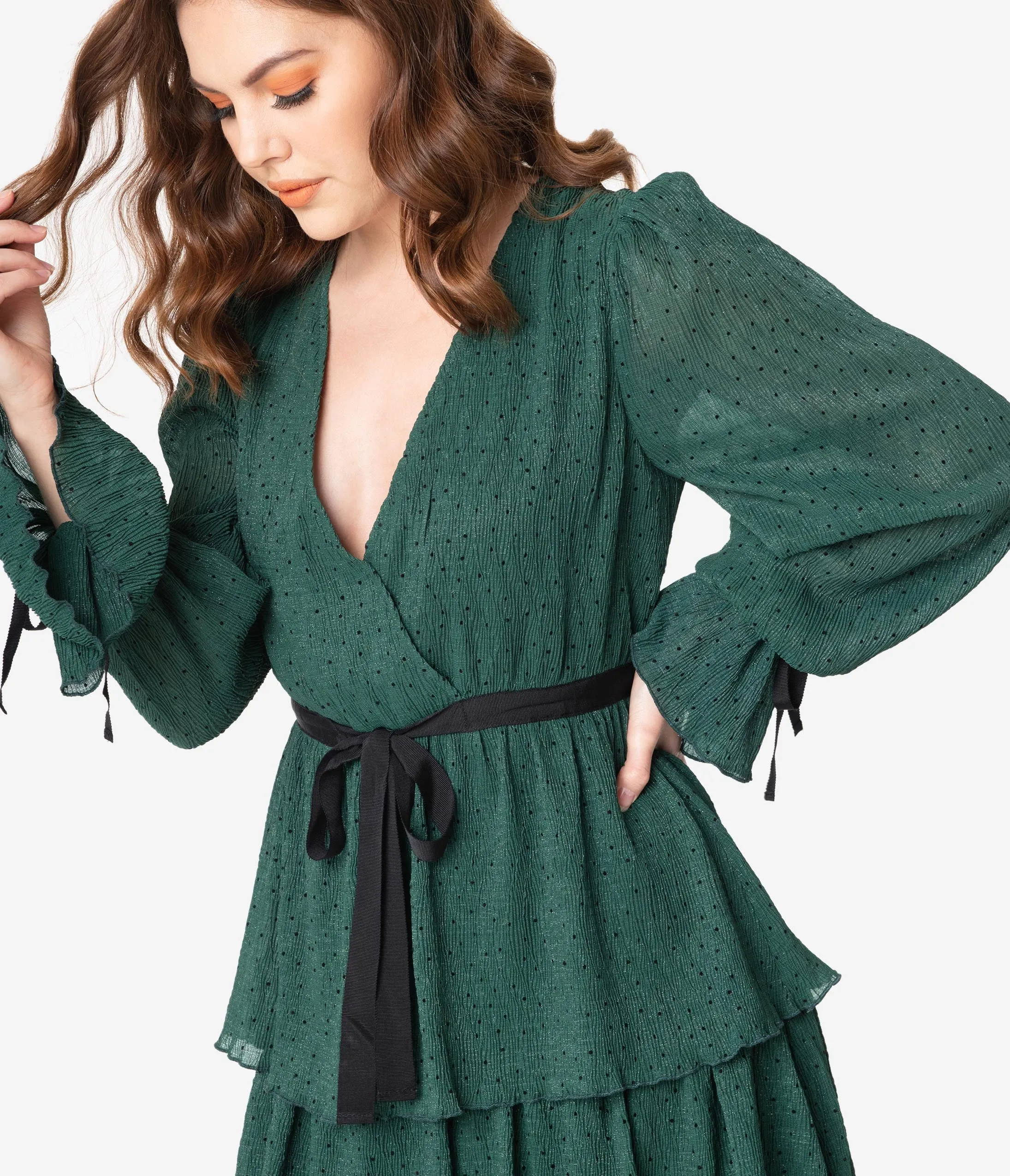 Emerald Green & Black Polka Dot Long Sleeve Tiered Maxi Dress