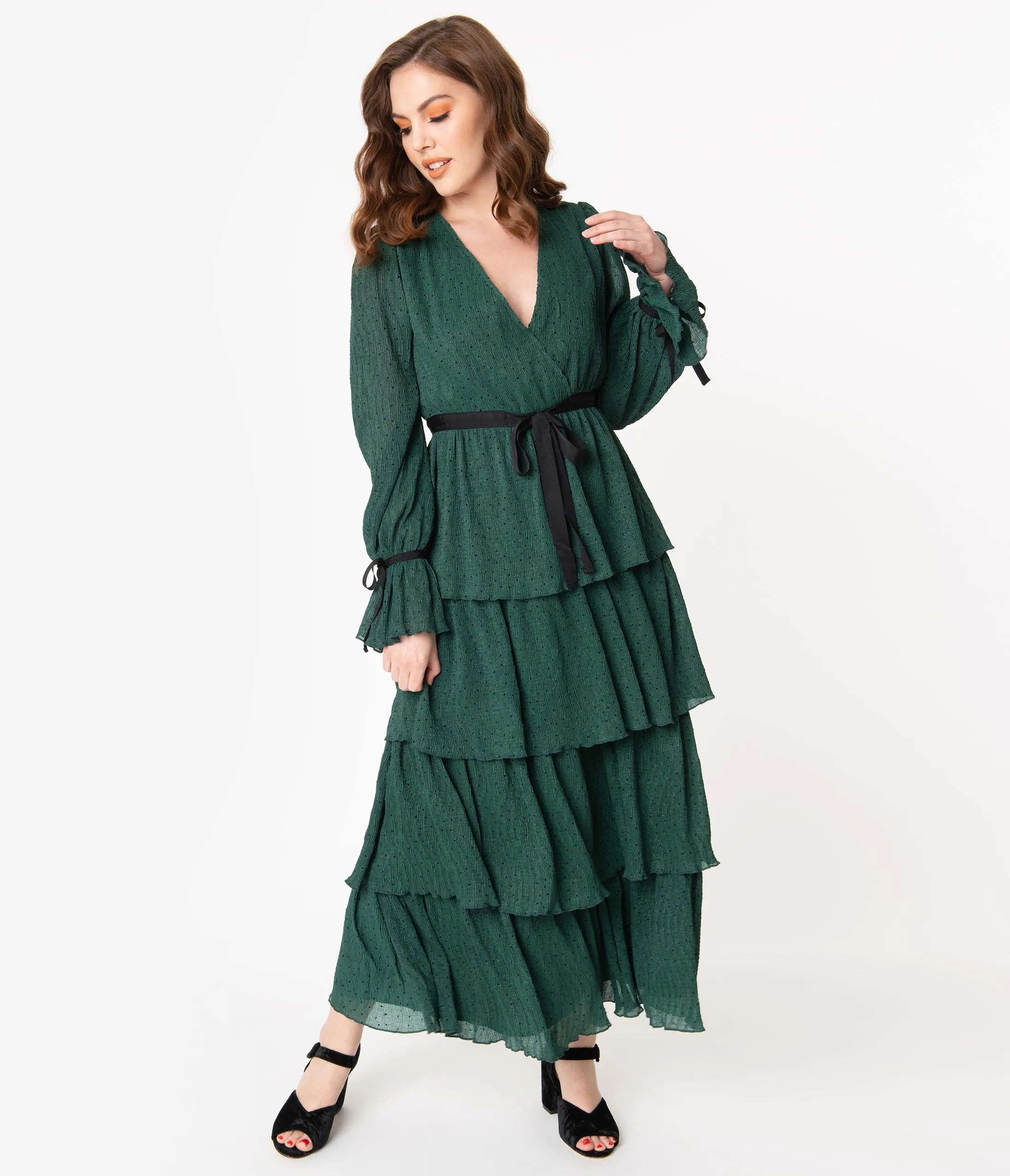 Emerald Green & Black Polka Dot Long Sleeve Tiered Maxi Dress