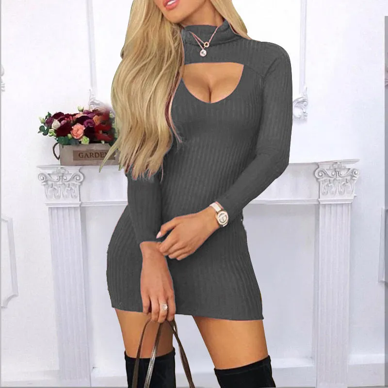 Fashion sexy slim solid color high neck hollow long sleeve hip dress