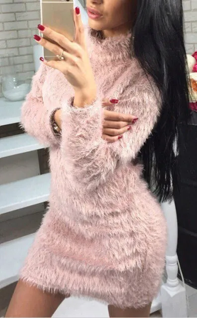 Fashion warm furry high neck long sleeve sweater wrap hip dress