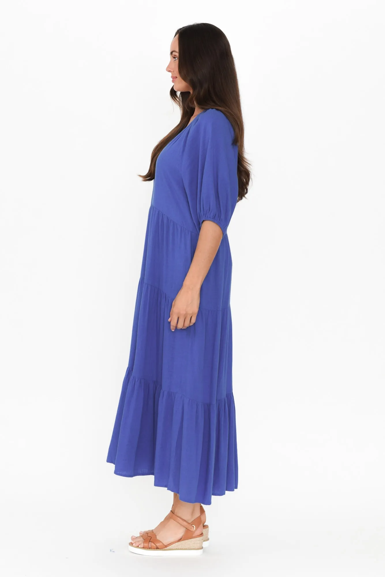 Imogene Cobalt Cotton Linen Tiered Dress