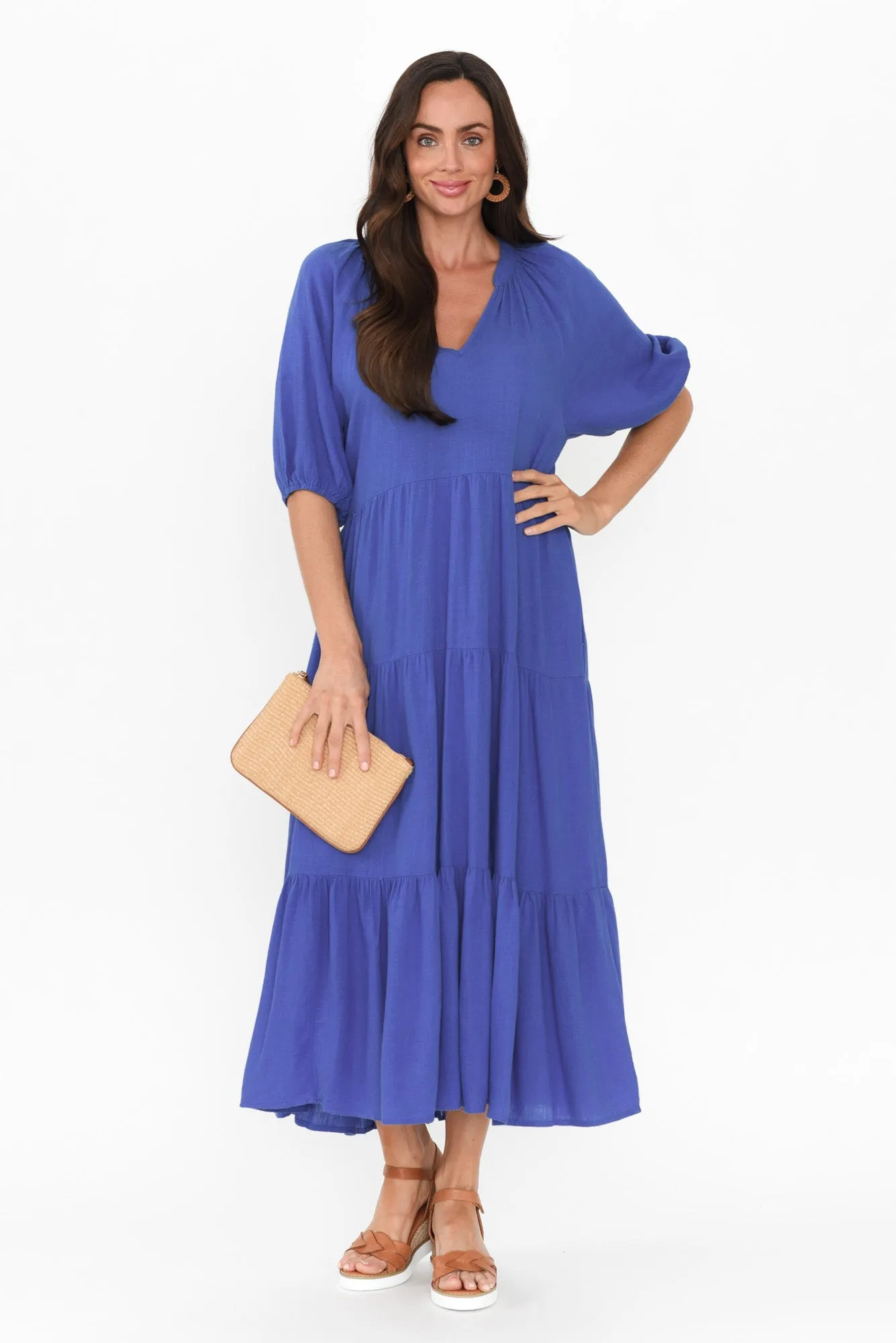 Imogene Cobalt Cotton Linen Tiered Dress