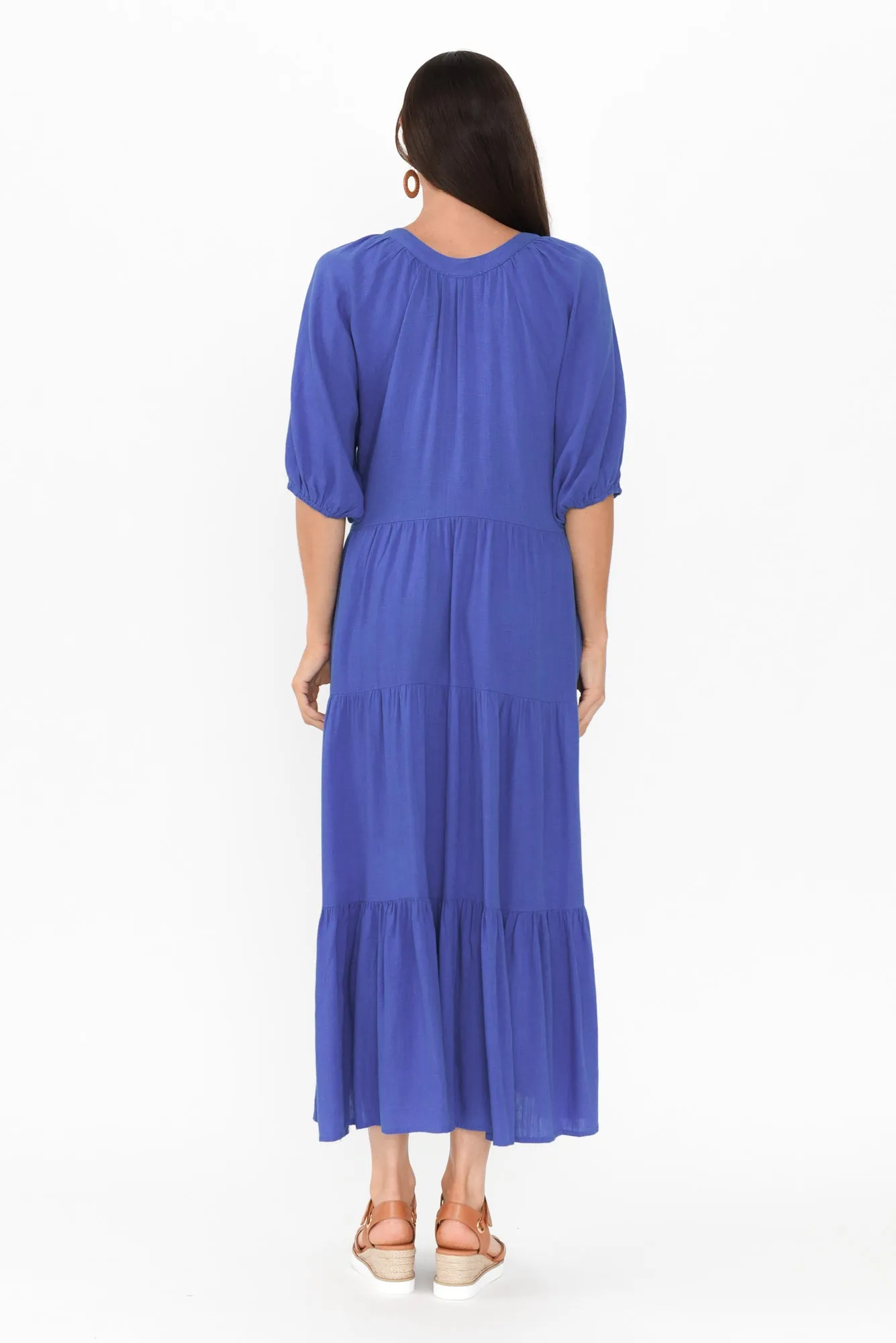 Imogene Cobalt Cotton Linen Tiered Dress