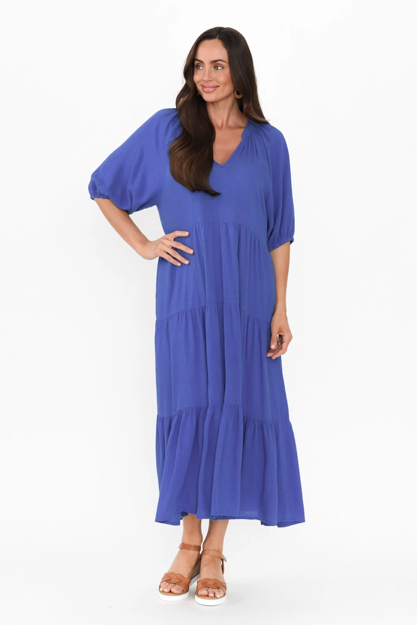 Imogene Cobalt Cotton Linen Tiered Dress