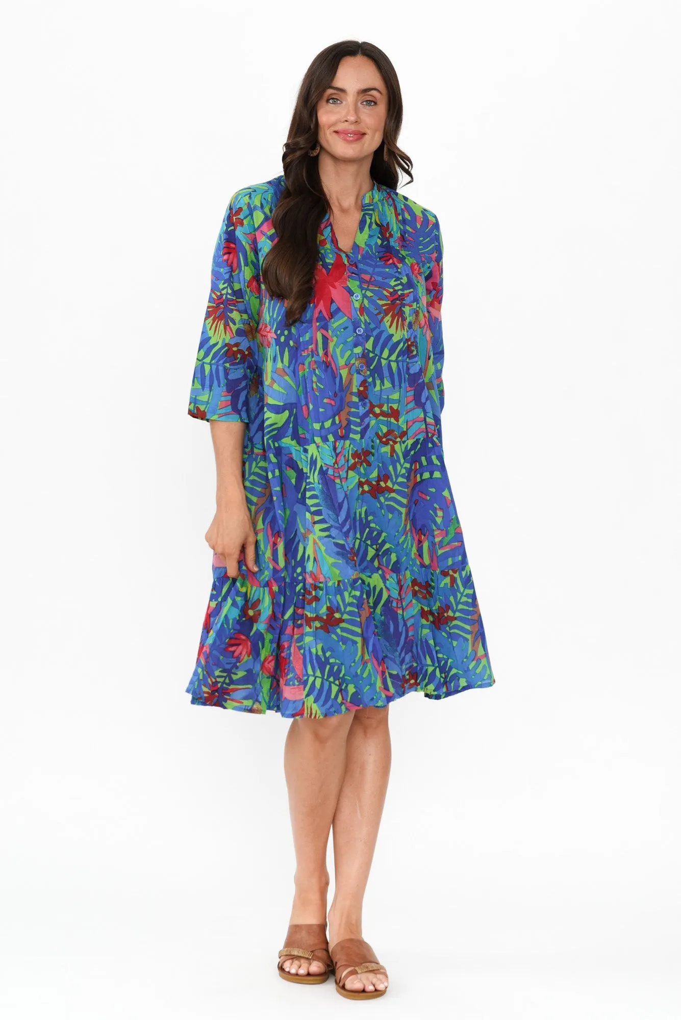 Larissa Blue Leaf Cotton Pleated Dress