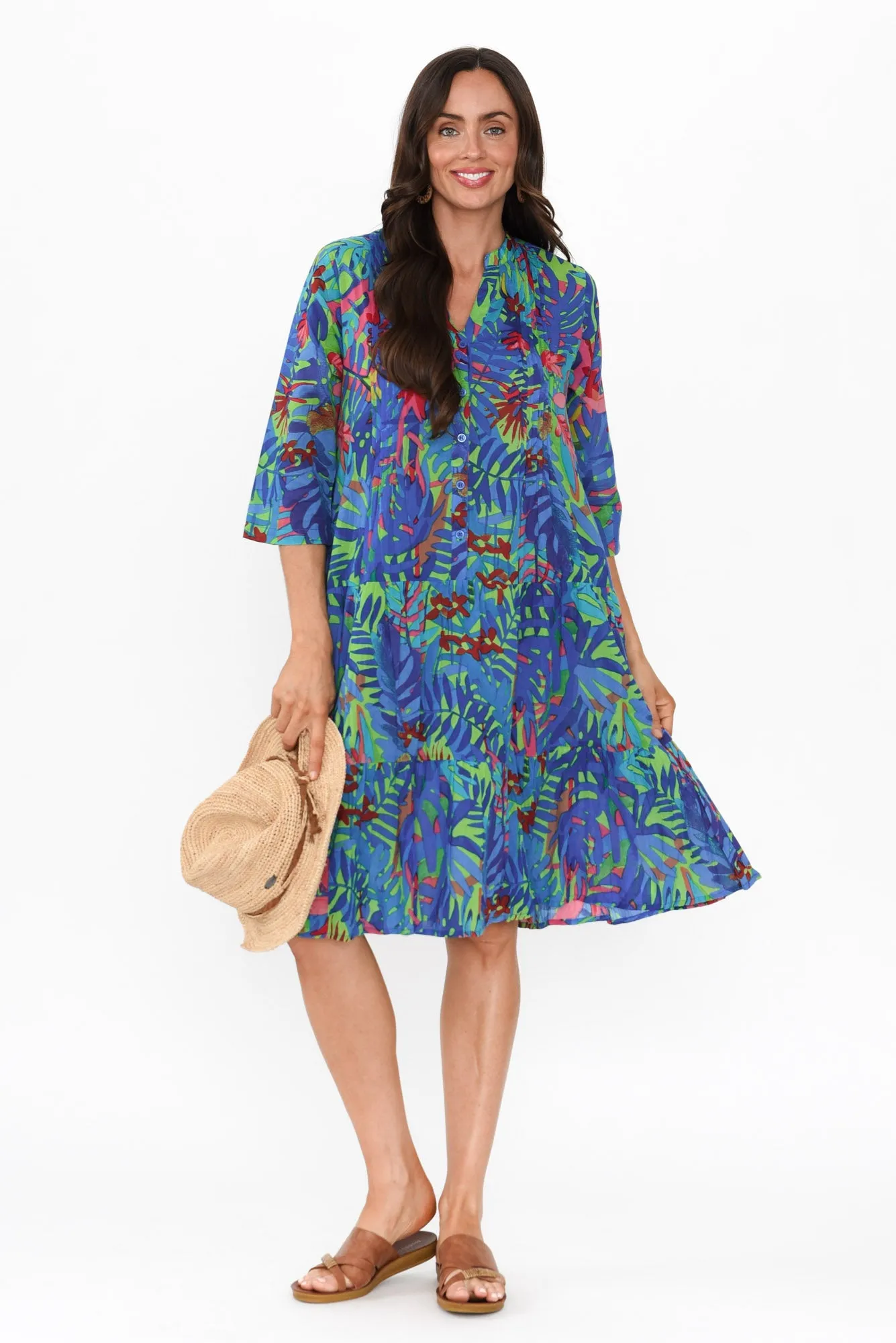 Larissa Blue Leaf Cotton Pleated Dress