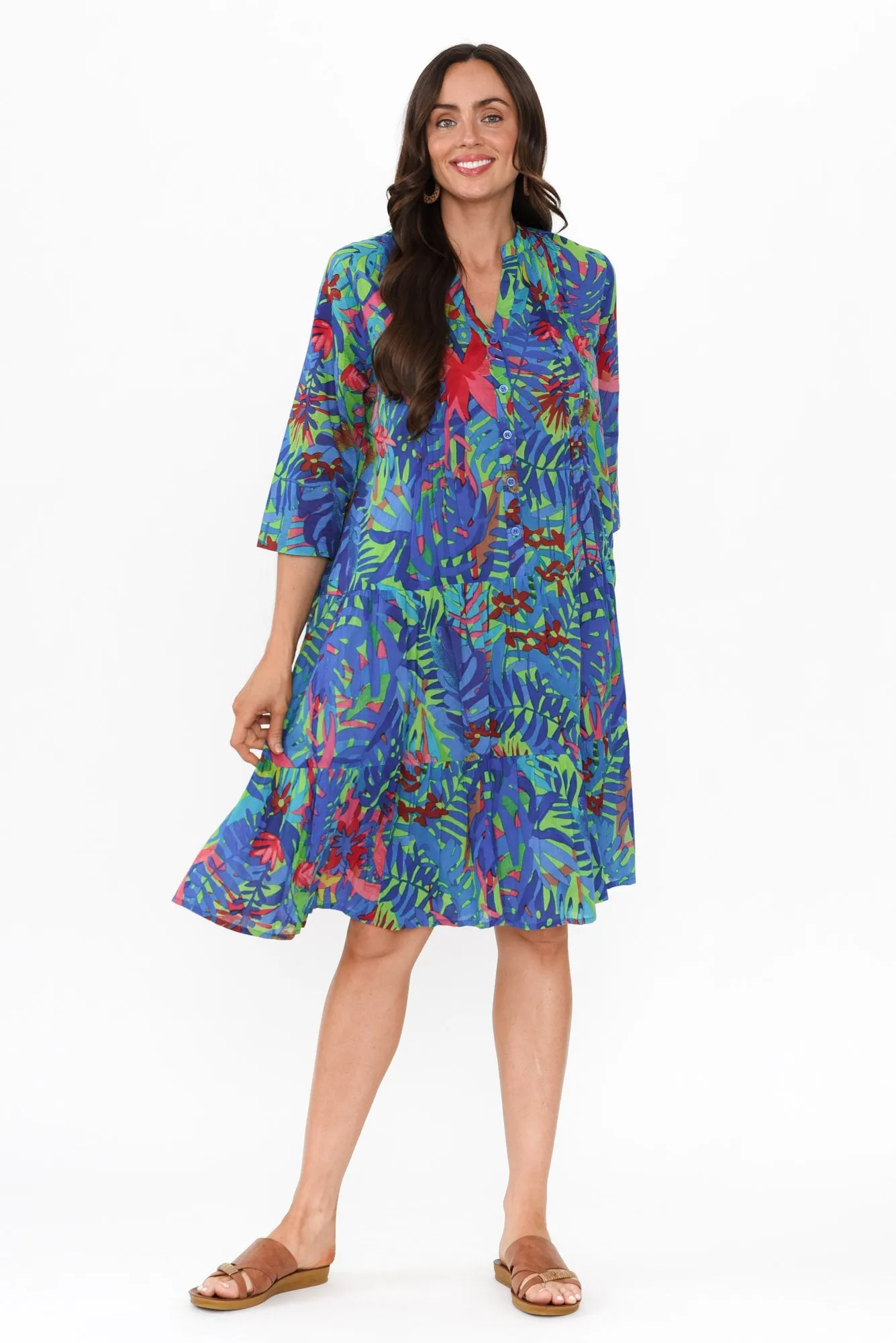 Larissa Blue Leaf Cotton Pleated Dress