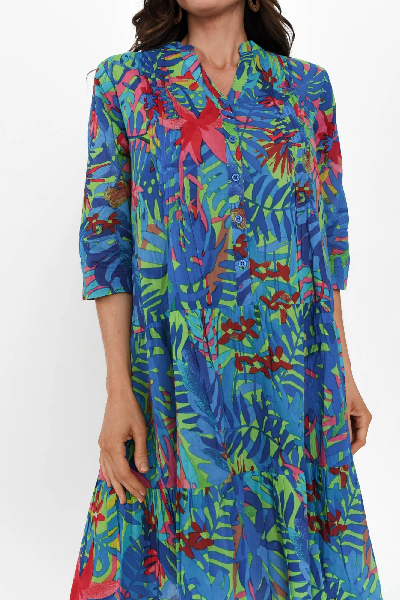 Larissa Blue Leaf Cotton Pleated Dress