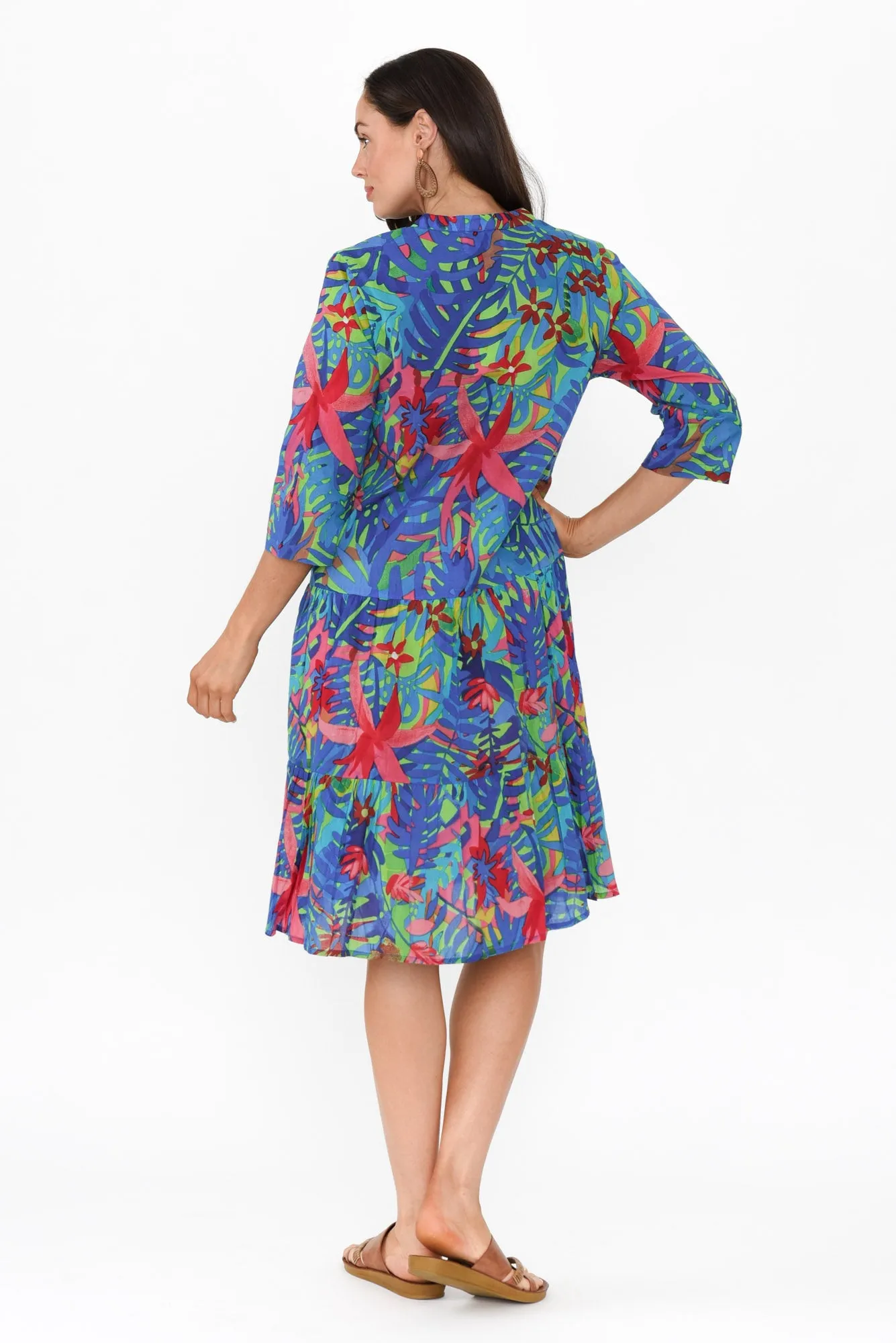 Larissa Blue Leaf Cotton Pleated Dress