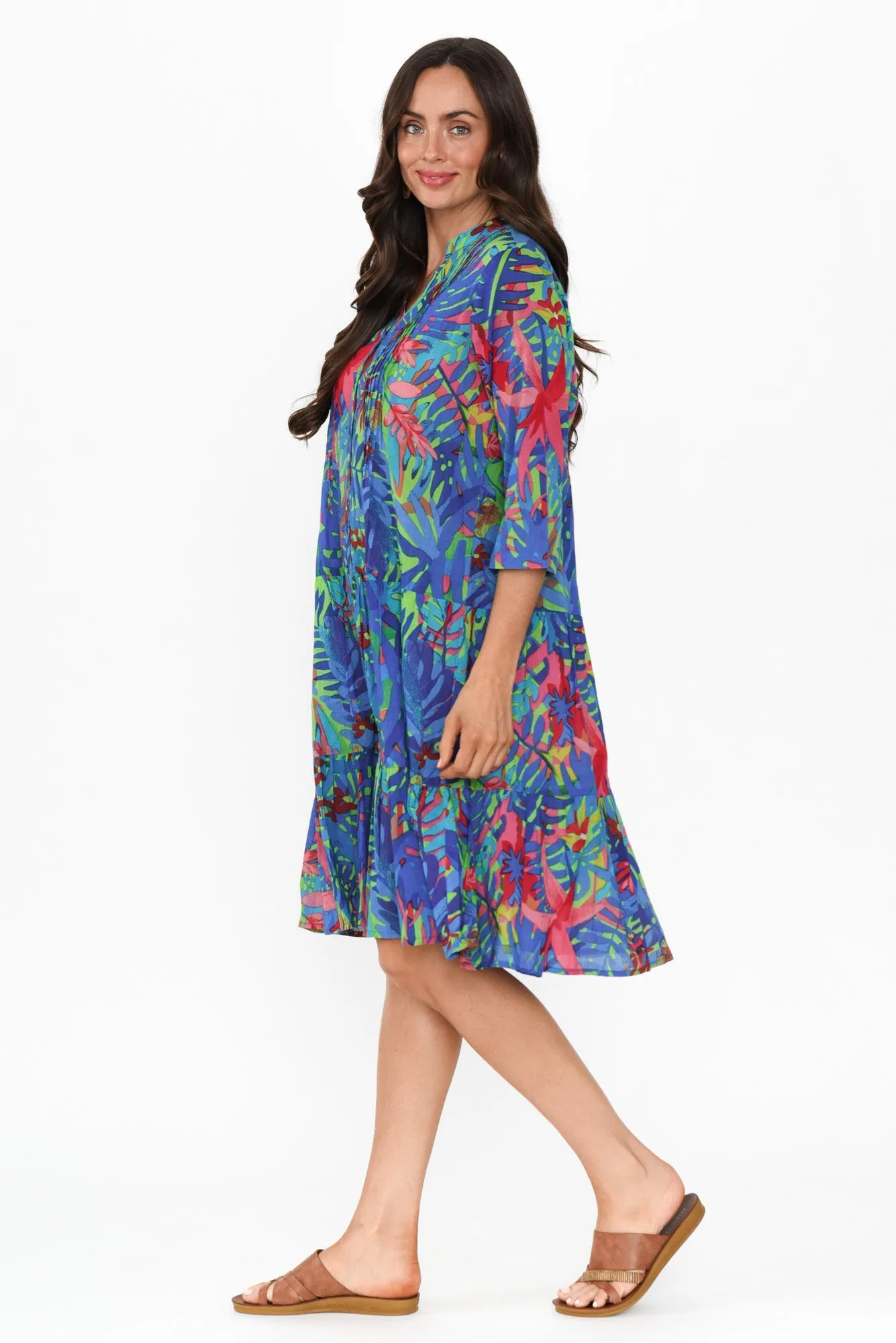 Larissa Blue Leaf Cotton Pleated Dress