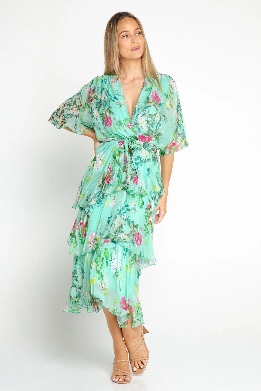 Loira Silk Dress - Mint Rose Garden