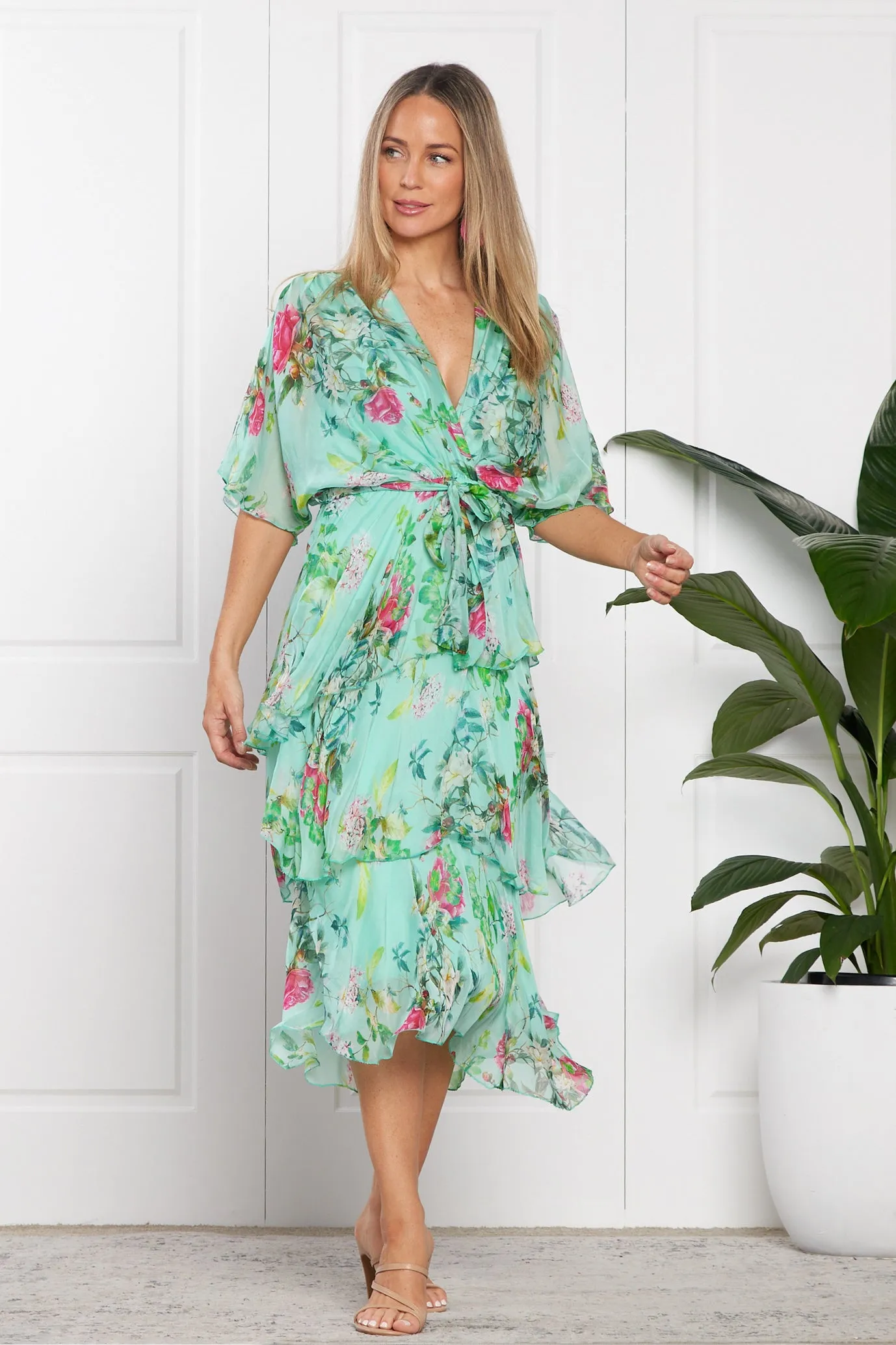 Loira Silk Dress - Mint Rose Garden