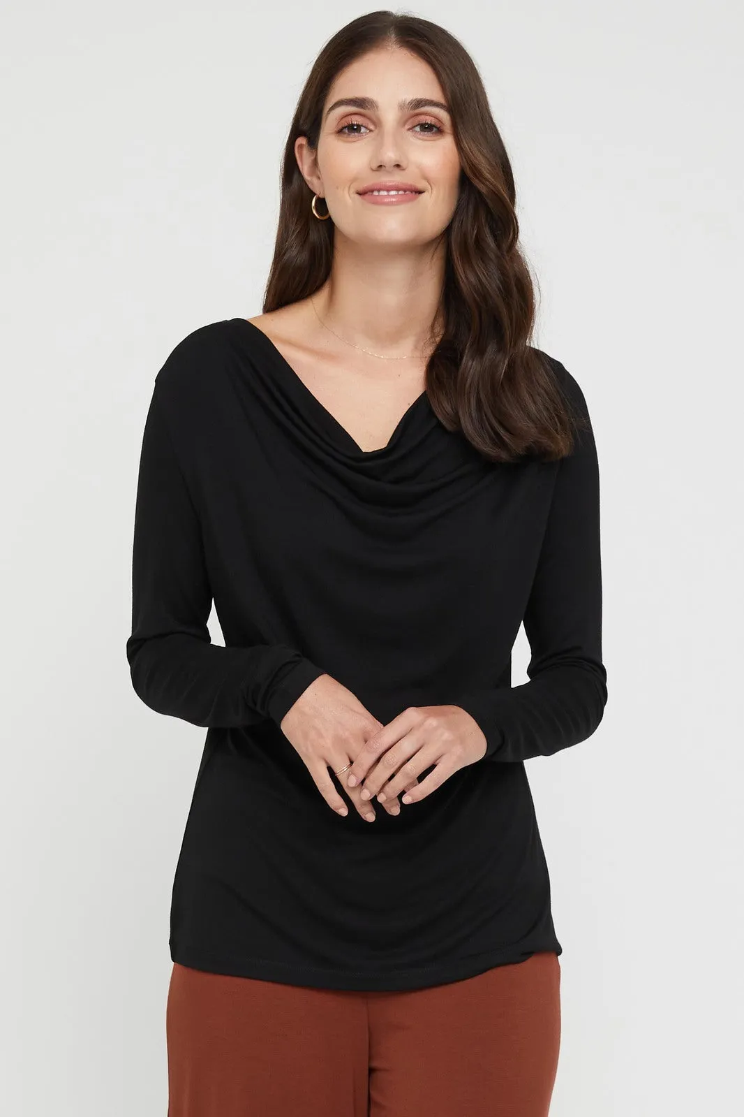 Long Sleeve Cowl Neck Top - Black