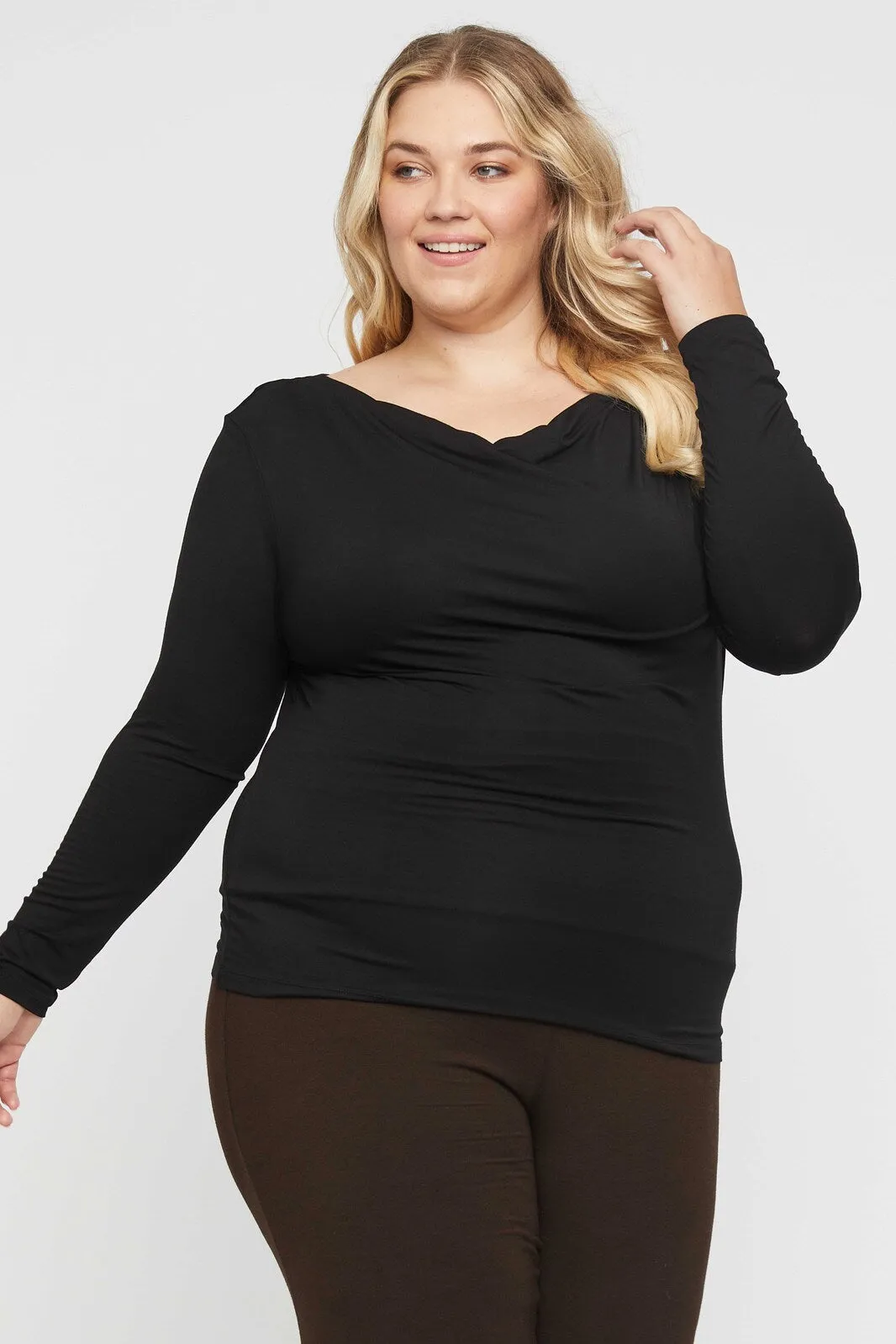 Long Sleeve Cowl Neck Top - Black