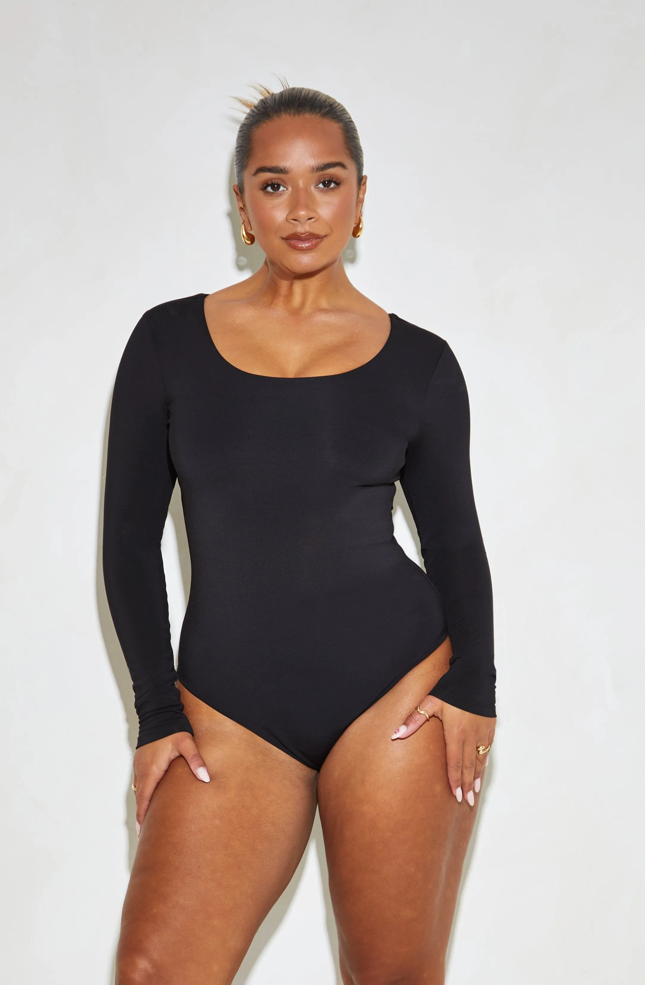 Long Sleeve Scoop Neck 'Charlotte' Bodysuit - Black