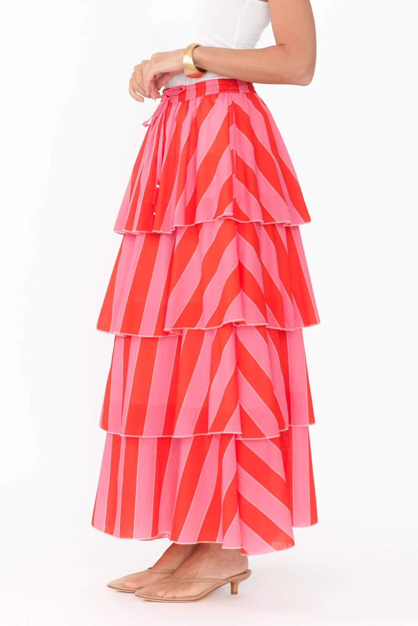 Magritte Pink Stripe Cotton Tiered Skirt