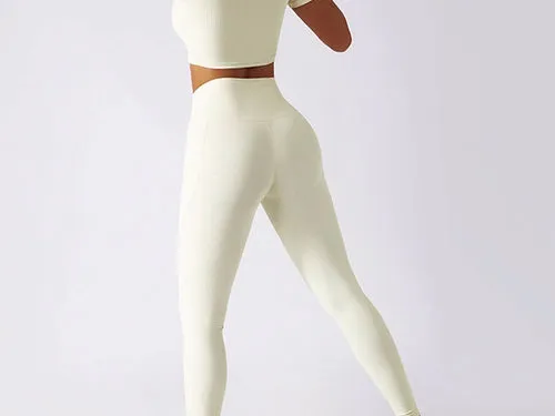 Misha Ribbed High Waisted Leggings - Cream