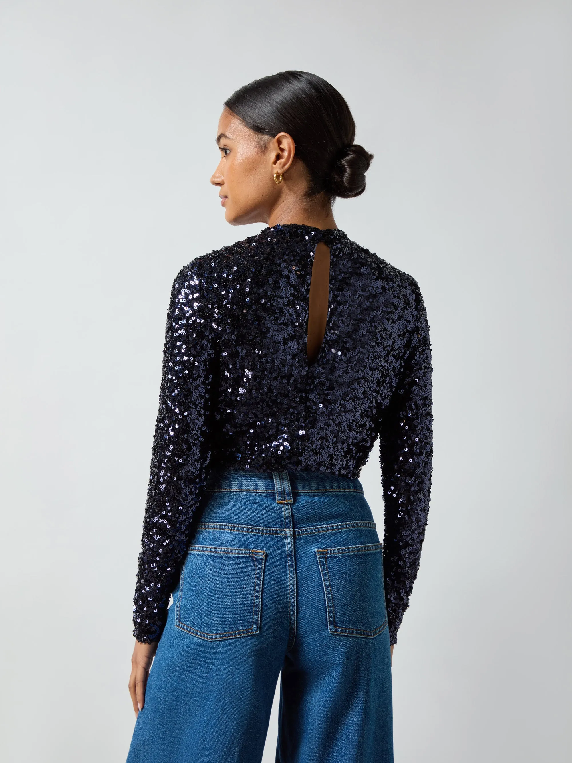 Navy Sequin High Neck Top