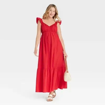 New - Women's Flutter Cap Sleeve Maxi A-Line Dress - Universal Thread Red L