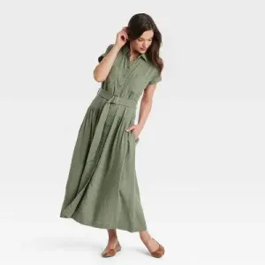 New - Women's Short Sleeve Belted Midi Shirtdress - Universal Thread Olive Green L