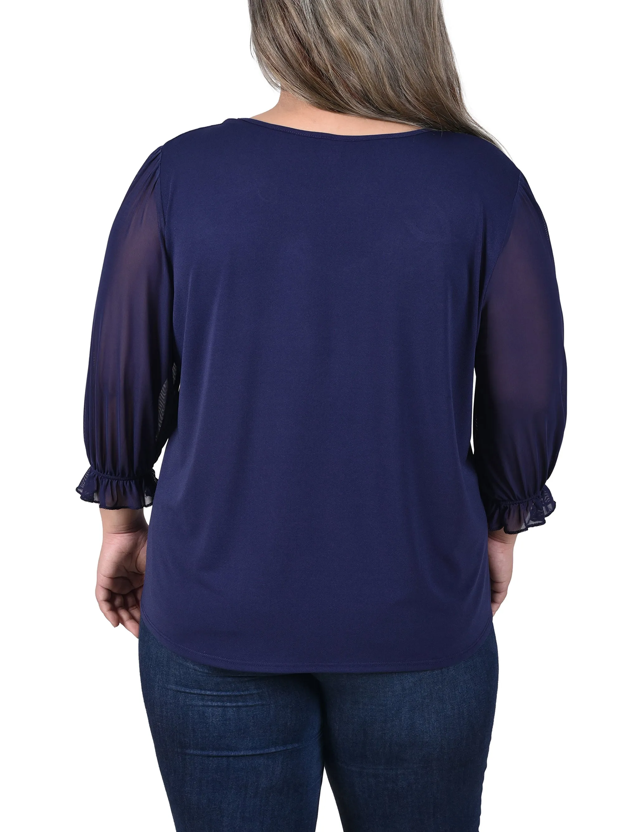 Plus Size 3/4 Sleeve Ringed Top With Mesh