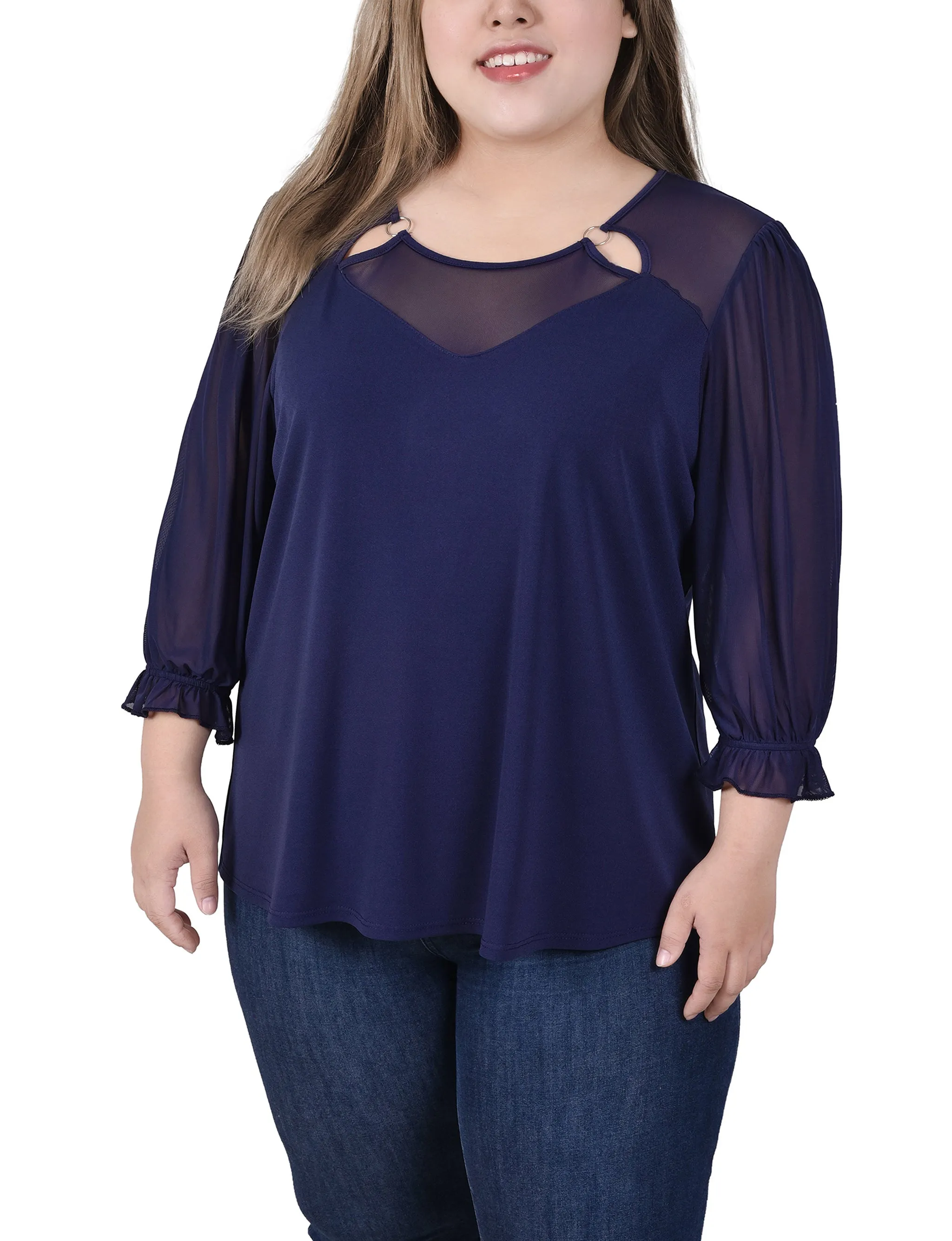 Plus Size 3/4 Sleeve Ringed Top With Mesh