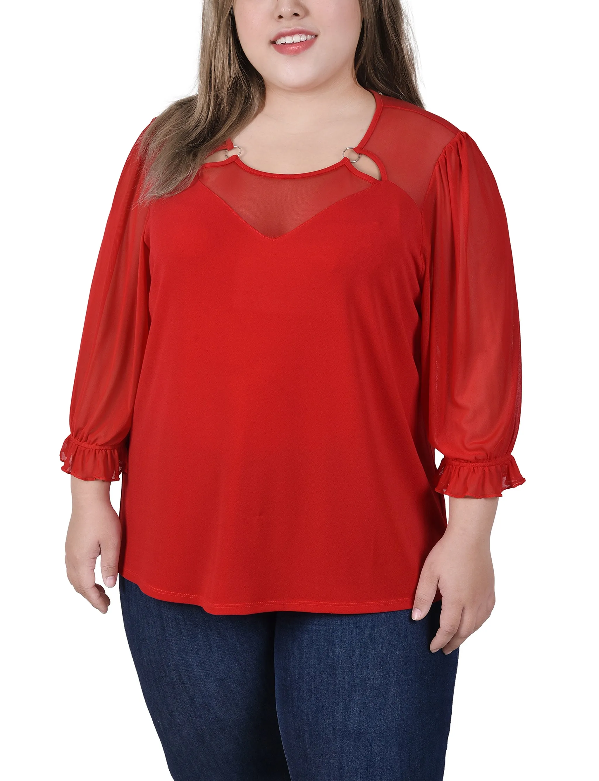 Plus Size 3/4 Sleeve Ringed Top With Mesh