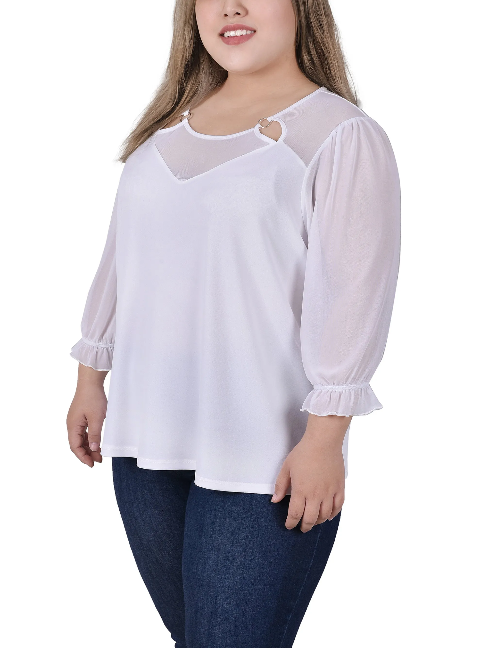 Plus Size 3/4 Sleeve Ringed Top With Mesh