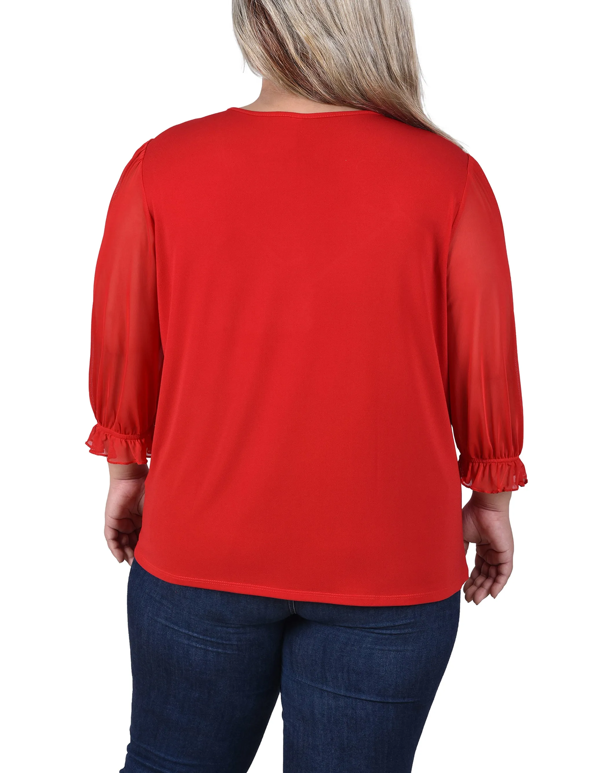 Plus Size 3/4 Sleeve Ringed Top With Mesh