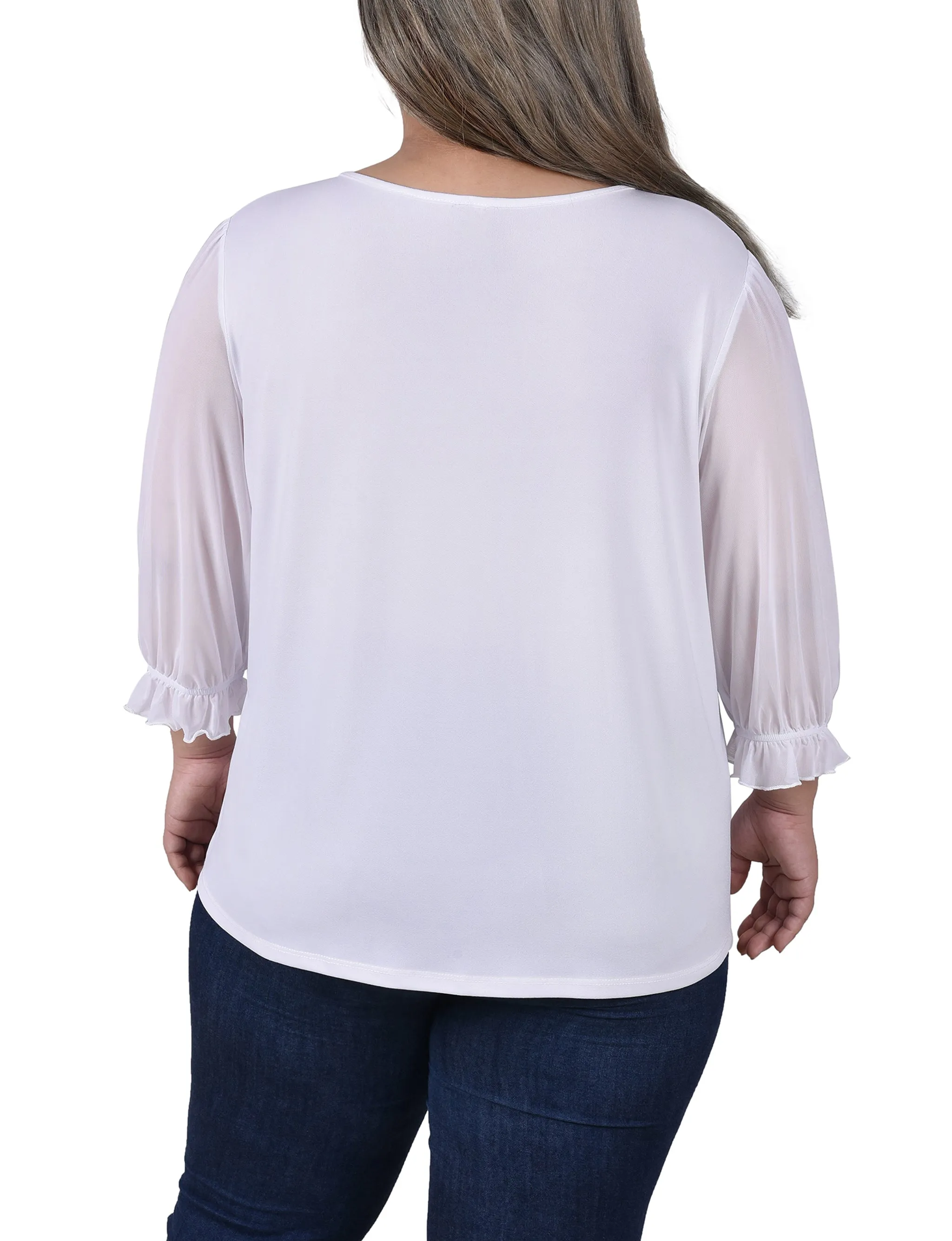 Plus Size 3/4 Sleeve Ringed Top With Mesh