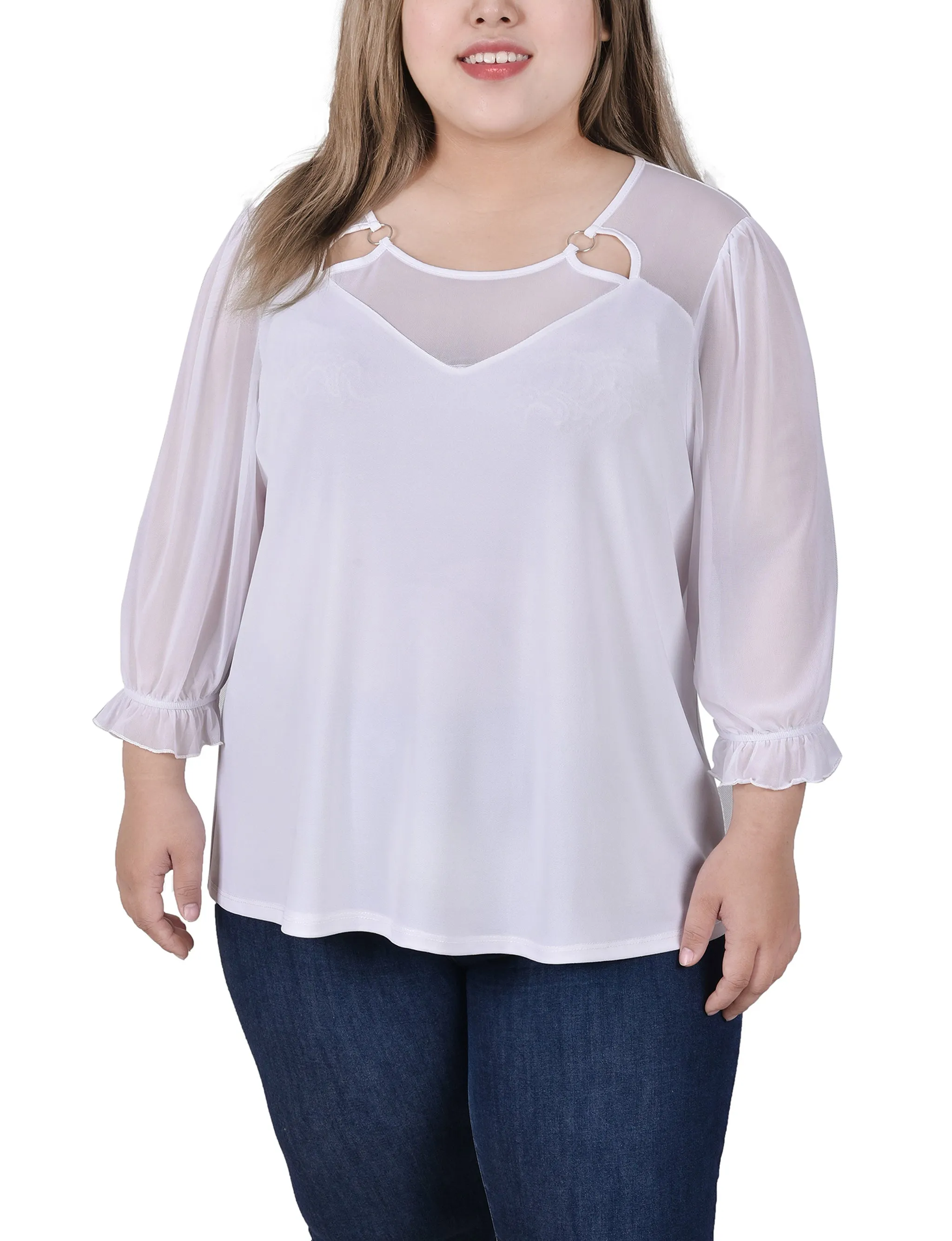 Plus Size 3/4 Sleeve Ringed Top With Mesh