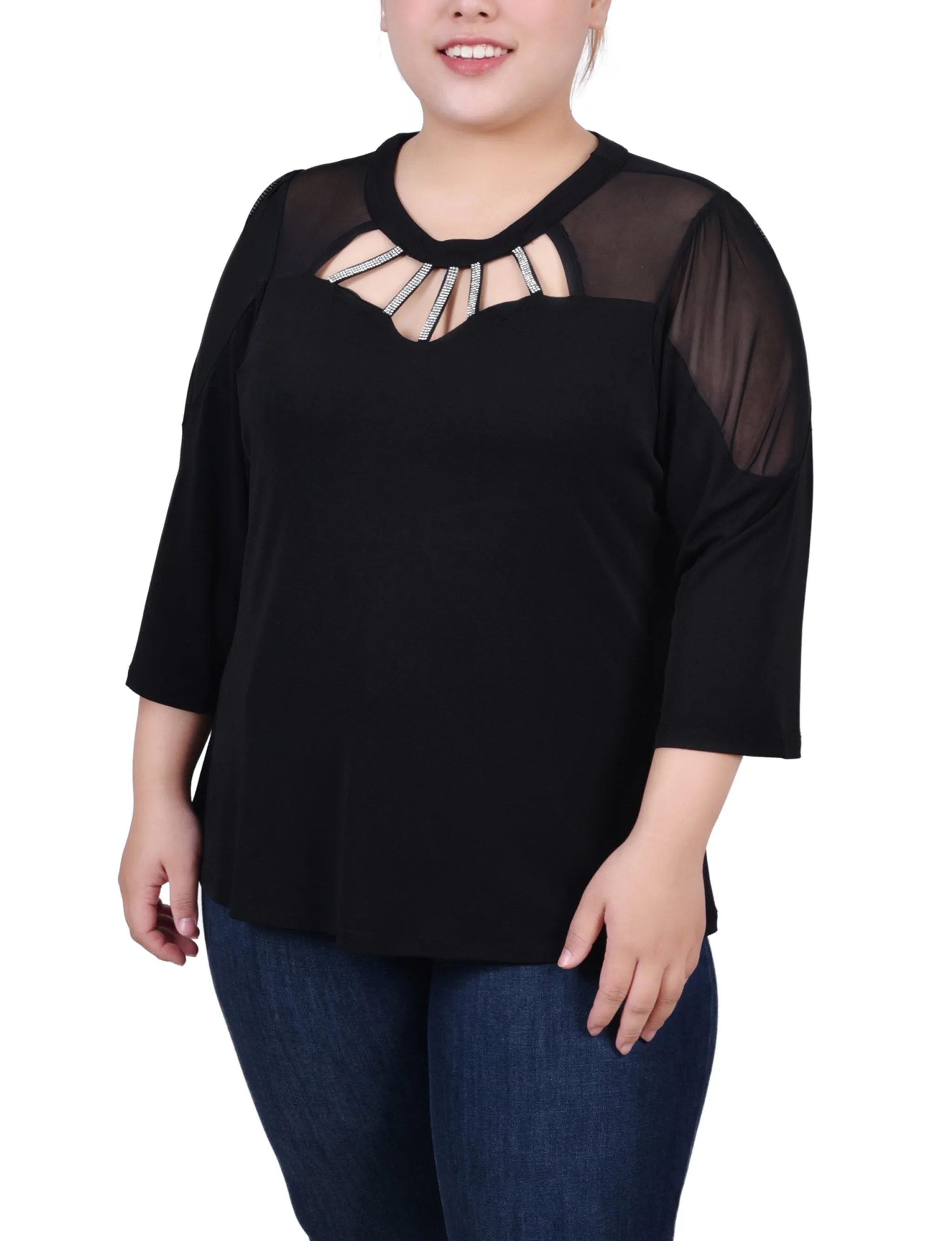 Plus Size 3/4 Sleeve Top With Neckline Cutouts and Stones