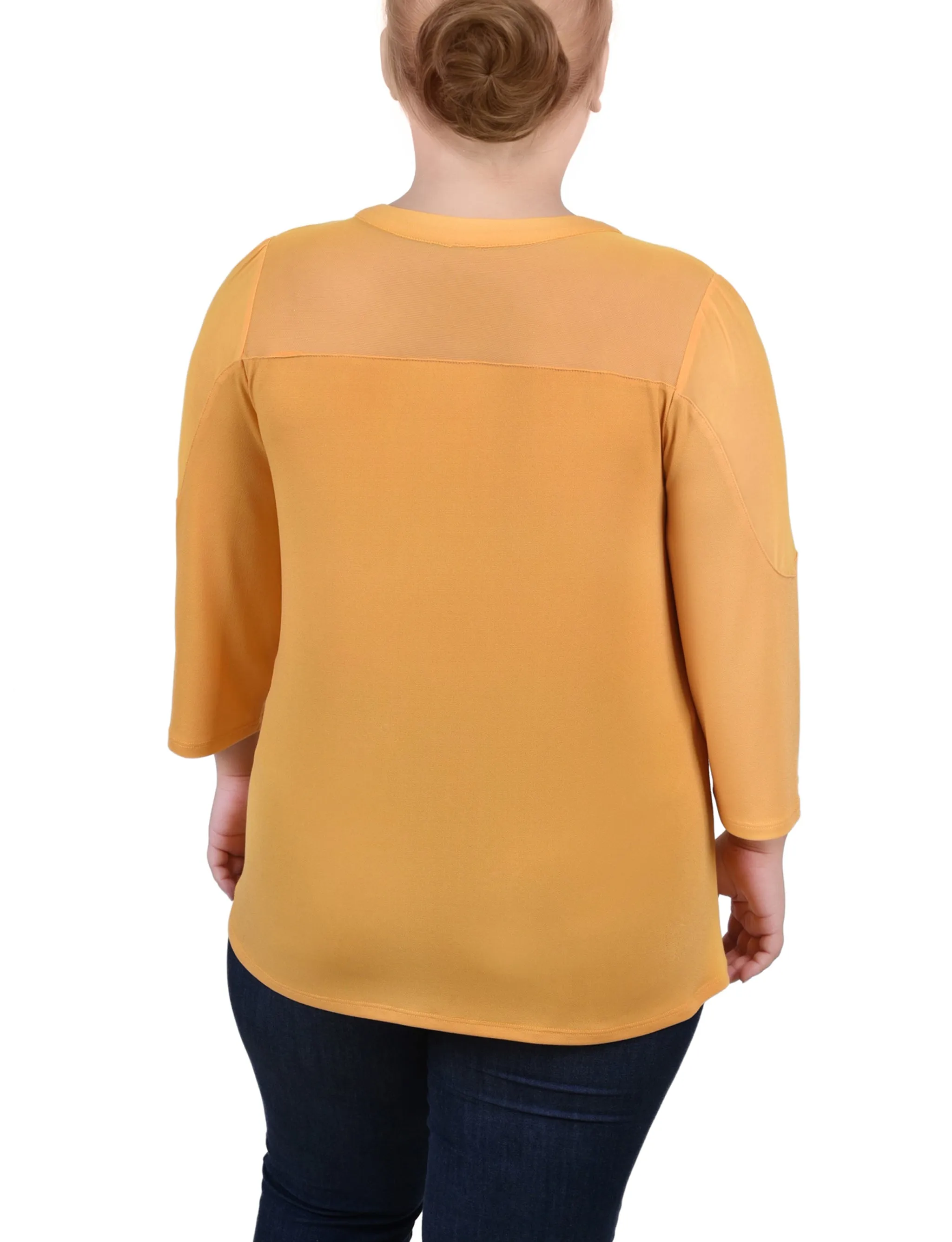 Plus Size 3/4 Sleeve Top With Neckline Cutouts and Stones