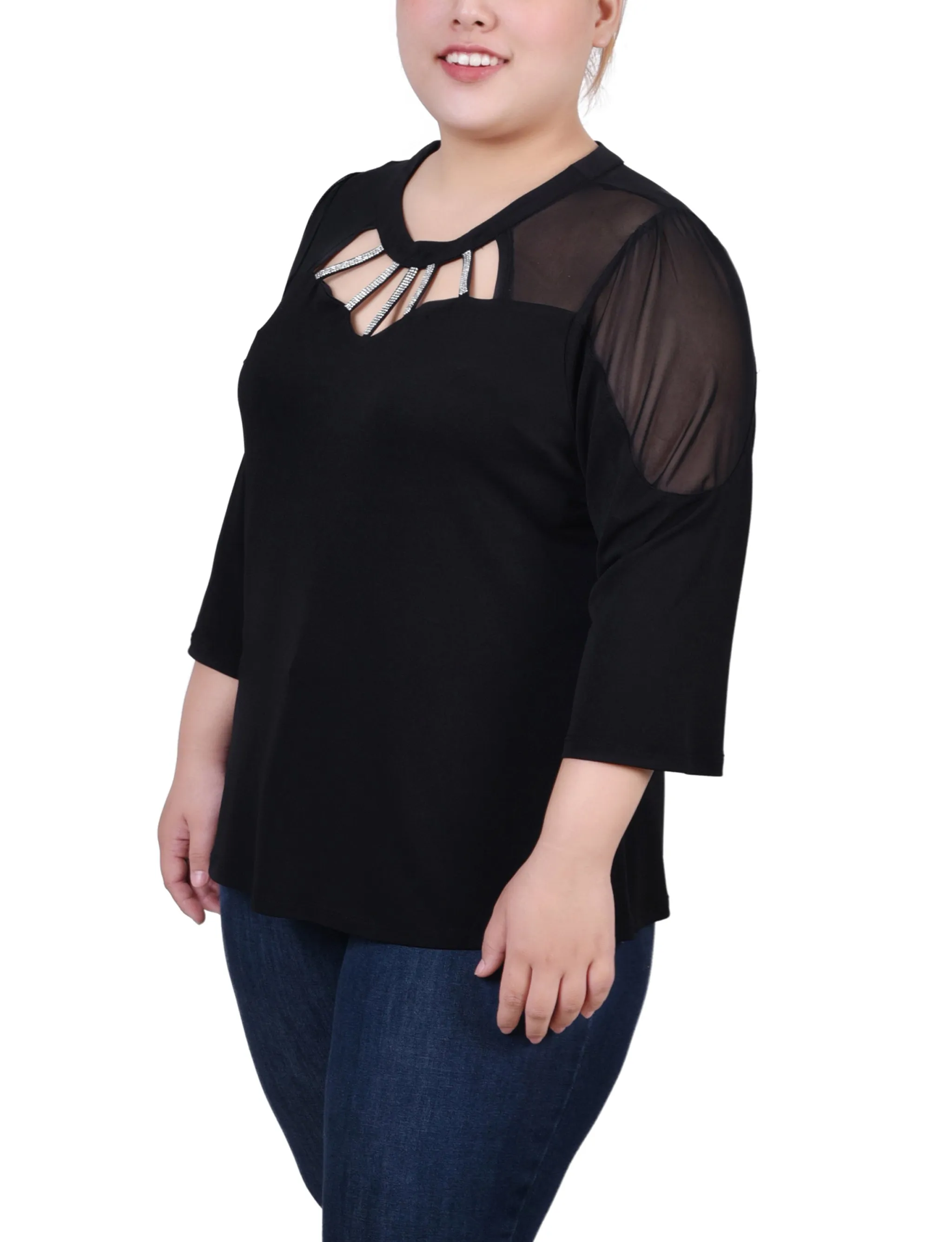 Plus Size 3/4 Sleeve Top With Neckline Cutouts and Stones