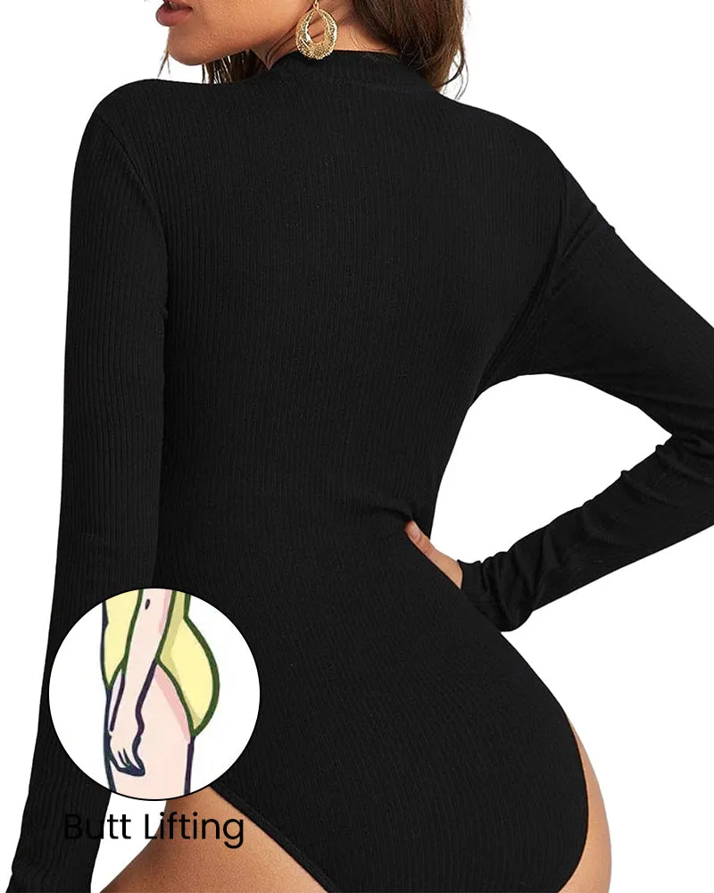 Ribbed Long Sleeve Half-Zip Shaping Bodysuit