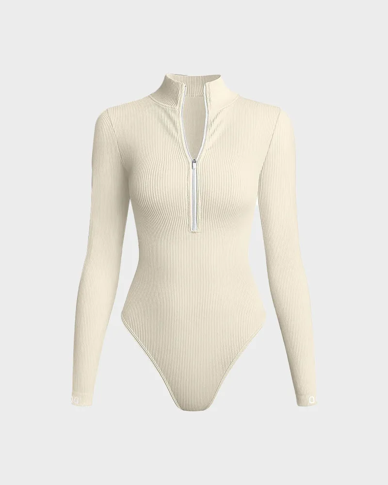 Ribbed Long Sleeve Half-Zip Shaping Bodysuit