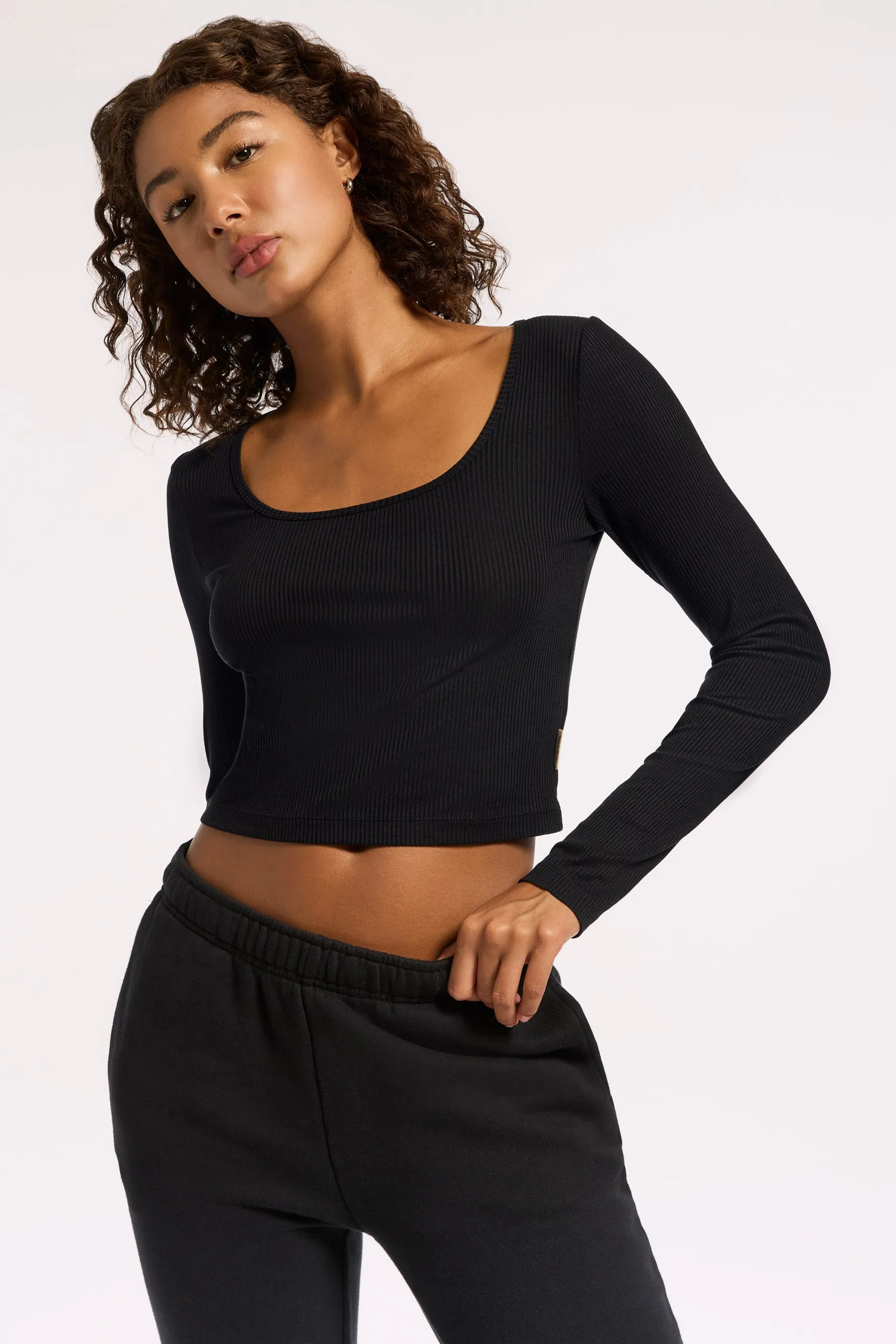 Rivington Ribbed Long Sleeve Scoop Neck Crop Top - Black