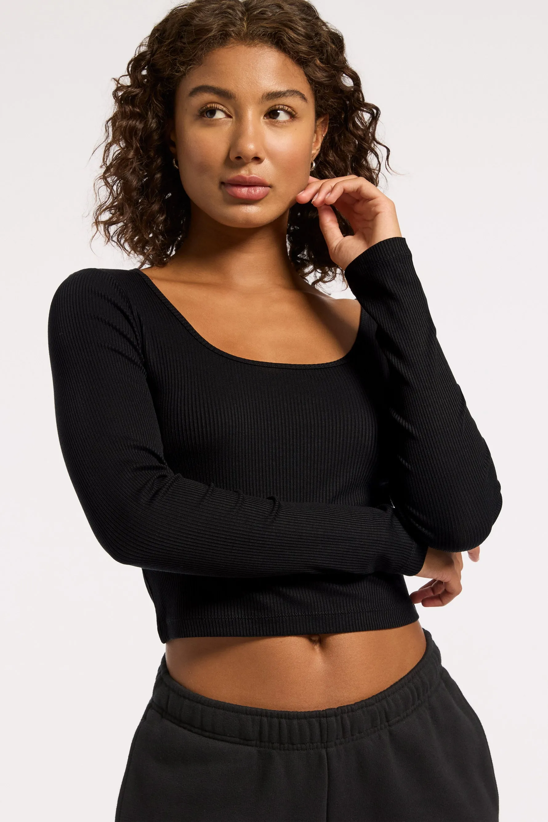 Rivington Ribbed Long Sleeve Scoop Neck Crop Top - Black